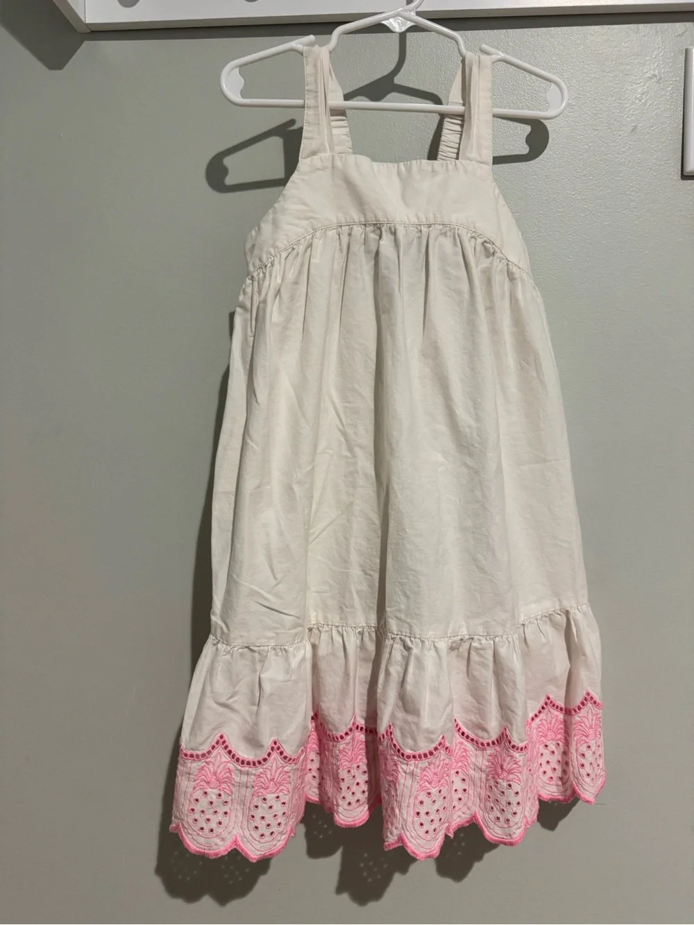 Girls size 6/7-White Cotton Sundress with Pink Pineapple Embroidered Hem